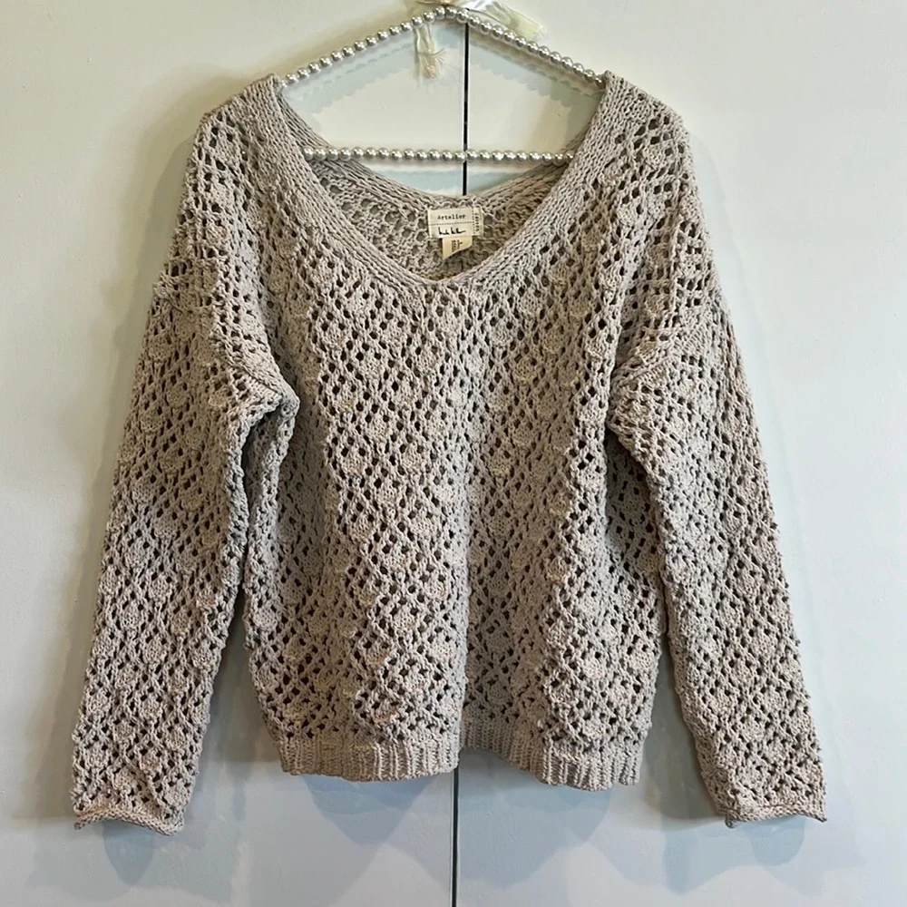 Artelier by Nicole Miller Open Chunky Knit Crochet Sweater Off Shoulder V Neck